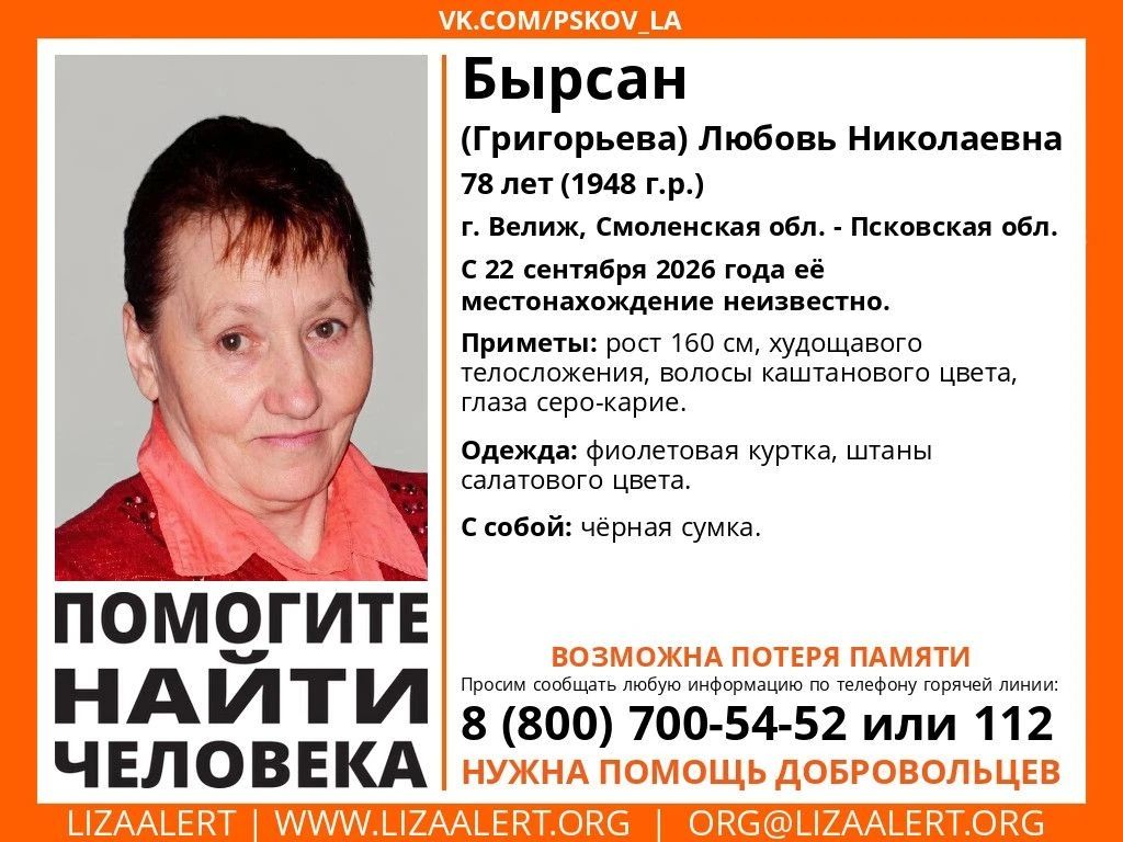 Пропавшую 78-летнюю женщину разыскивают в Псковской области