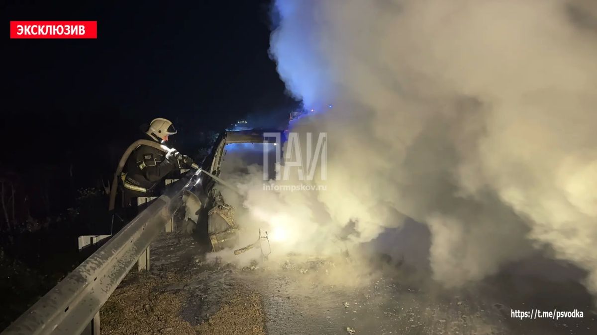 В Печорском районе, у деревни Копаницы, водитель автомобиля BMW X3 не справилась с управлением и задела дорожное ограждение, после чего произошло возгорание автомобиля В Печорском районе, у деревни Копаницы, водитель автомобиля BMW X3 не справилась с управлением и задела дорожное ограждение, после чего произошло возгорание автомобиля